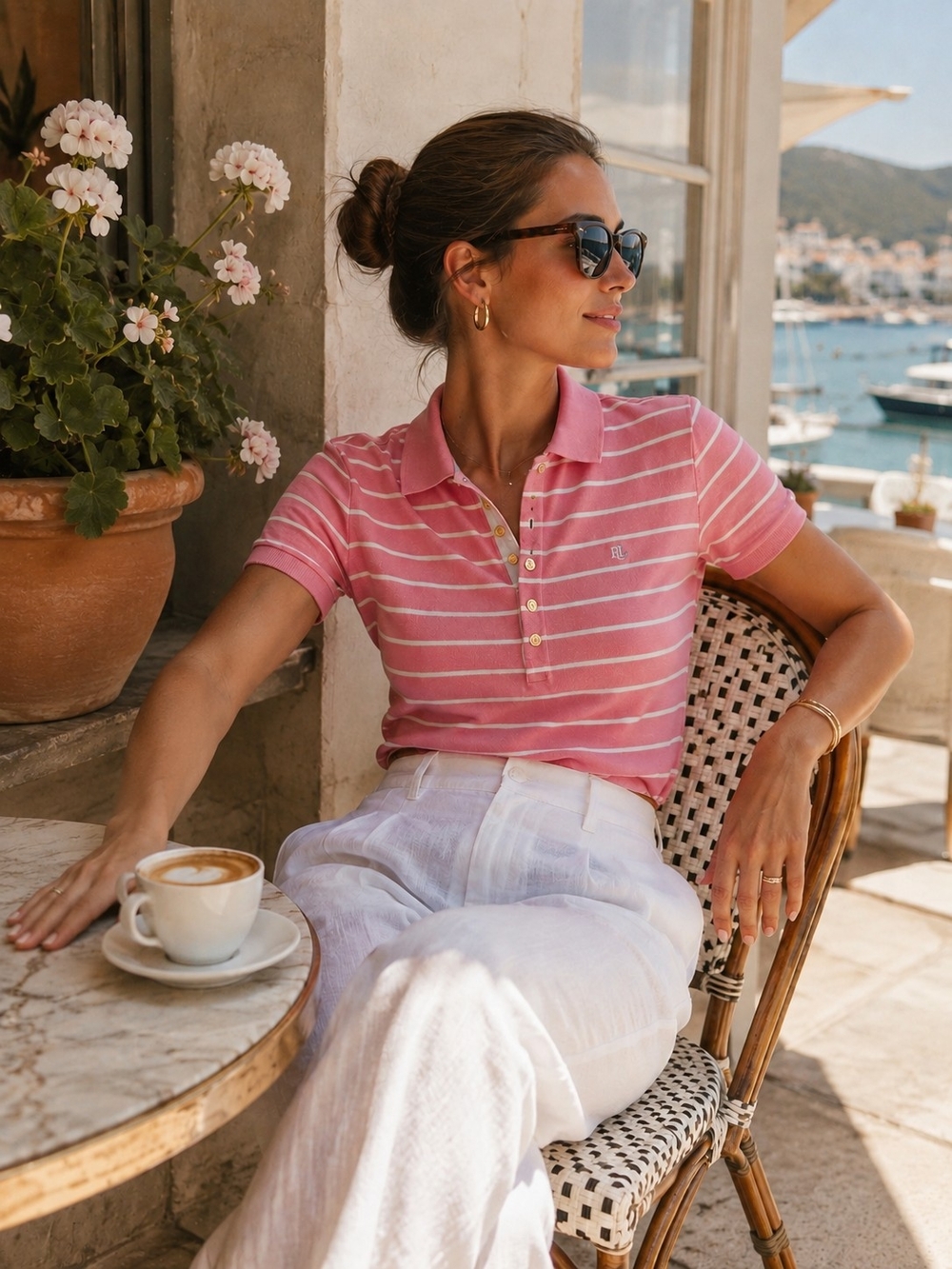 Lauren Ralph Lauren women’s polo in a soft pink with white stripes and signature